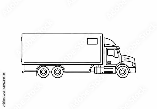 Line art illustration of a large delivery truck side view with a blank cargo area.