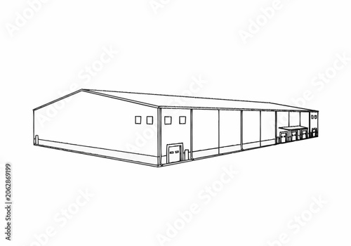 Line drawing of a large industrial warehouse building.