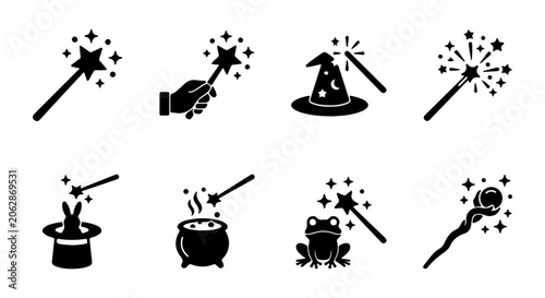 Obraz na płótnie Magic Wand Icons, Wizard Hat, Witch Cauldron, Conjuring Symbols, Fantasy Vector