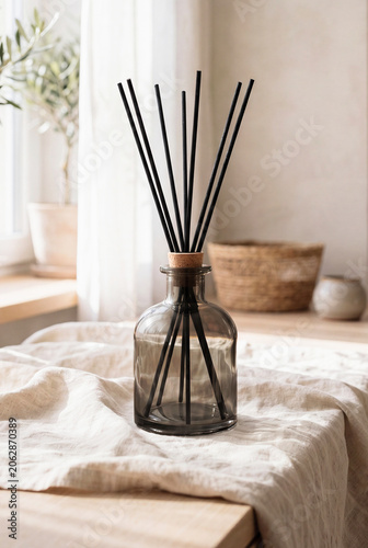 Reed diffuser with black sticks on linen fabric in bright minimalist interior
