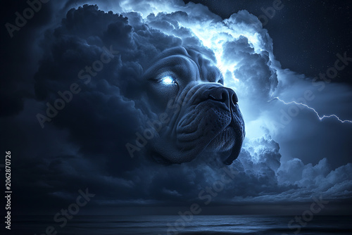 Thunder energy manifesting as a giant cloud dog above the ocean. Use this thunder graphic for dramatic backgrounds.
