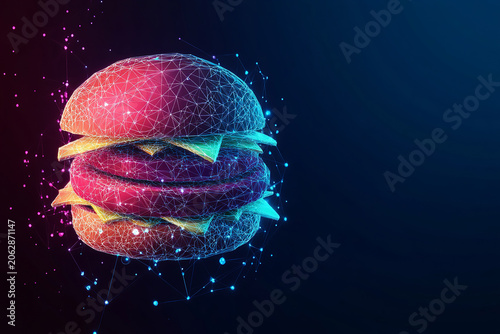 Virtual gastronomy experience: futuristic burger made of glowing data points, representing digital food, virtual reality, and modern culinary technology.
