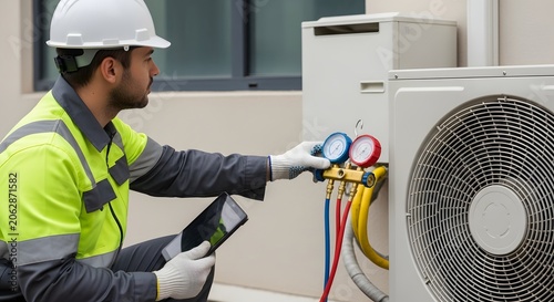 HVAC technician inspecting and repairing air conditioning unit with digital tablet.