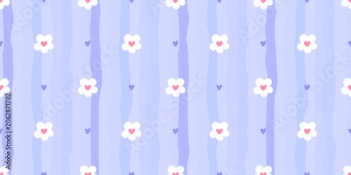Floral watercolor seamless with flower kids cute for stripe spring pattern. Daisy gingham bg with summer easter illustration for nature ditsy delicate. Motif tiny nursery with coquette light.