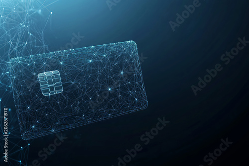 Digital finance security: glowing blue and red wireframe card with chip, symbolizing blockchain technology, secure transactions, and fintech innovation.