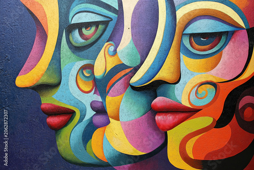 Vibrant abstract painting featuring cubism faces. Perfect for art galleries and modern design.