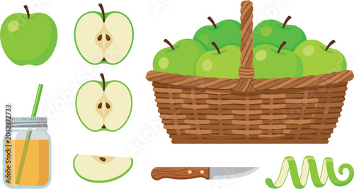 Cuadro en lienzo Green Apple Vector Set with Fruit Basket, Fresh Juice Jar, Apple Slices, Peel, a