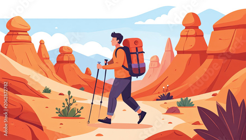 Man Hiking With Backpack And Poles.