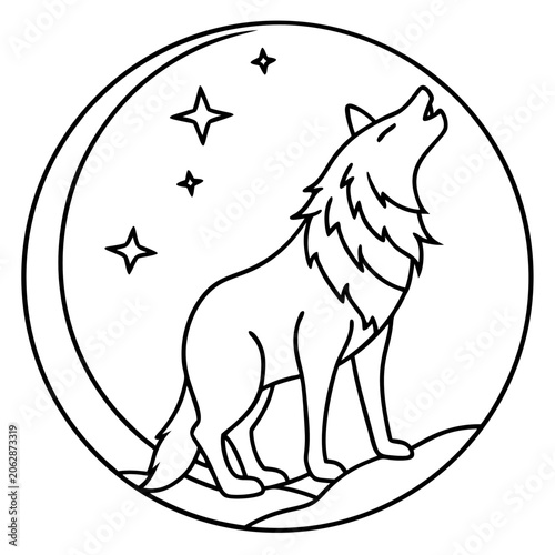 Wolf Howling at Moon Minimalist Line Art