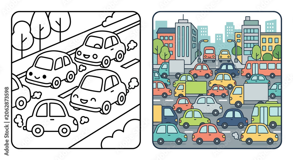Naklejka premium Busy city traffic jam coloring page for kids