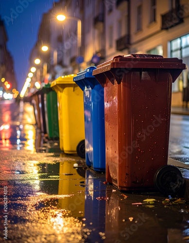 Colorful bins on wet city street (1)