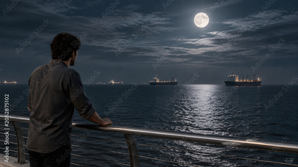 Fototapeta premium A man in gray shirt standing by a railing overlooking the vibrant sea with cargo ships in the bac...