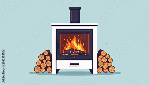 Wood burning stove with fire.