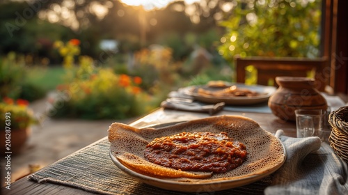 Injera with spicy wot served on an outdoor patio table during golden hour, warm sunset lighting, rich stew and flatbread texture, casual African dining atmosphere.