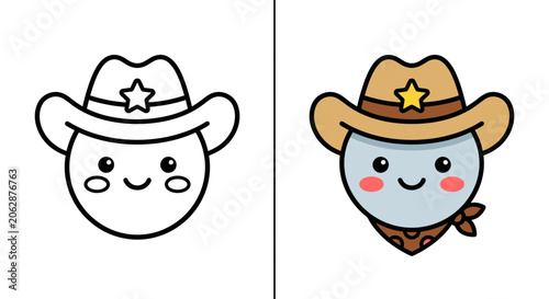 Cute cowboy character coloring book illustration for kids.
