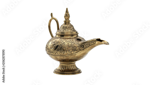 Foto Vintage golden magic lamp with ornate engravings and traditional middle eastern