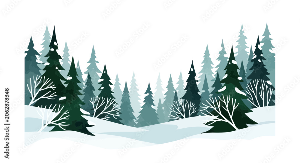 Obraz premium Winter forest landscape with snowy evergreen pine trees and bushes