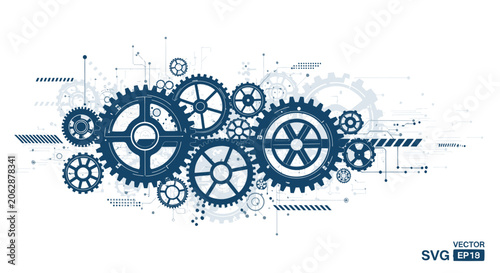 Photos Blue industrial gear mechanism with technical circuit lines