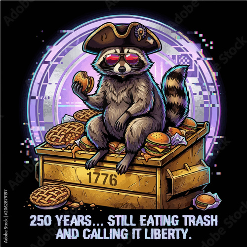 Funny Colonial Raccoon eating Burger on Trash Dumpster Vector Art Still Eating Trash Quote