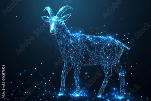 Digital Zodiac & AI Creatures: a glowing blue wireframe goat, composed of interconnected points and lines, symbolizing the digital zodiac sign of Capricorn