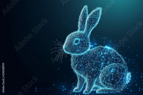 Digital Ecology & AI in Wildlife: a glowing blue wireframe rabbit, composed of interconnected points and lines, with digital particles trailing, symbolizing digital ecology
