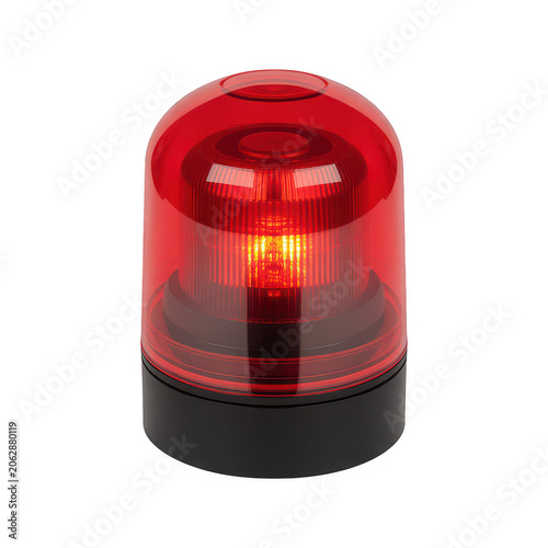 A red emergency warning beacon light with a ribbed transparent dome and a glowing interior bulb, mounted on a black base, on a white background