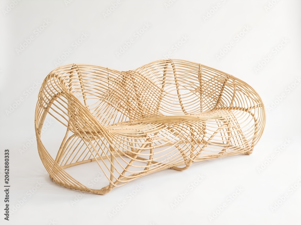 Obraz premium Modern sculptural rattan sofa with organic curves isolated on a white background
