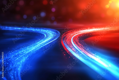 Abstract data flow shows contrasting blue and red streams. This digital flow visualizes opposing digital paths meeting with high digital energy.