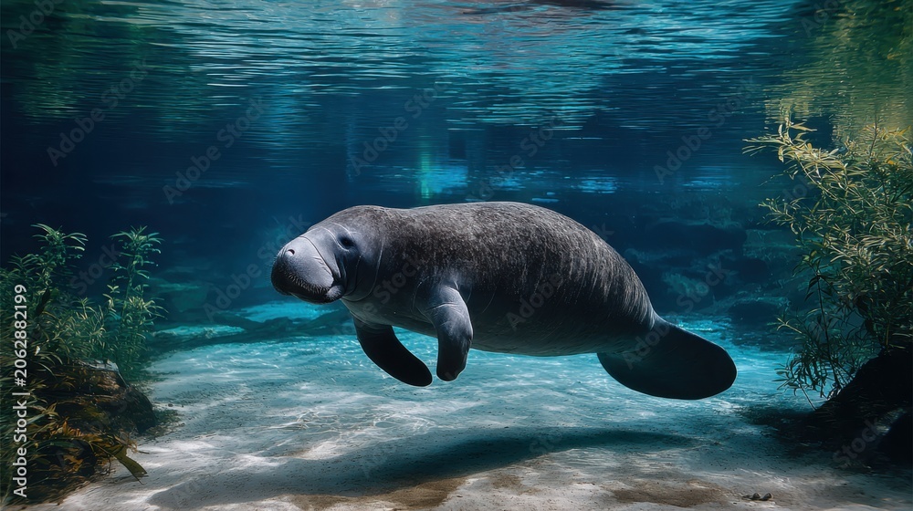 Fototapeta premium Majestic Manatee Swimming Gracefully Underwater in Clear Ocean