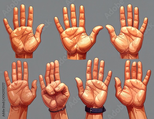 Eight different hand poses shown
