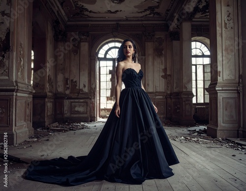 Elegant woman in dark gown ruin