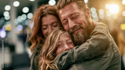 Family embracing emotionally at an airport, parents comforting their crying daughter after a long separation or during an emotional goodbye