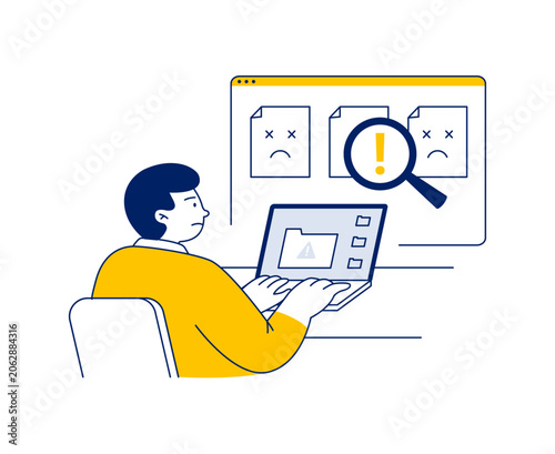 Cybersecurity specialist detecting data breaches and suspicious files. Digital threat monitoring and cyber attack investigation concept. Vector flat illustration on a white background.