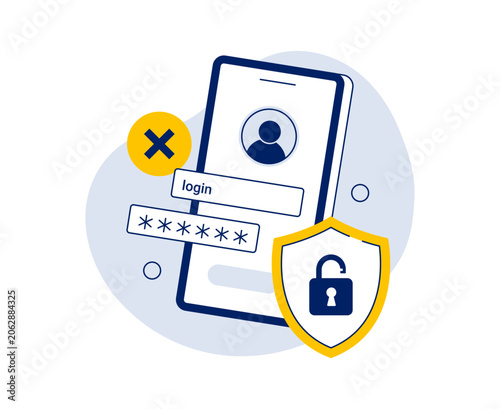A security alert at the mobile login. An account protection, suspicious activity detection, and cybersecurity risk concept. Vector flat illustration on a white background.