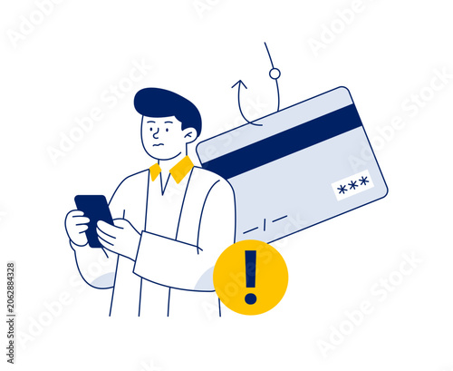 Phishing attack targeting payment card information. Financial fraud, cybercrime, and online payment security concept. Vector flat illustration on a white background.