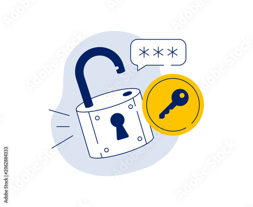 Weak password protection concept with an unlocked padlock. Cybersecurity, authentication, and data privacy. Vector flat illustration on a white background.