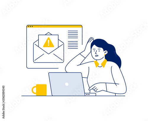 Phishing email warning and malicious message detection concept. Online fraud, email scam, and cybersecurity awareness. Vector flat illustration on a white background.