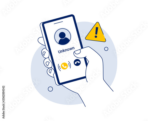 Unknown caller alert on smartphone screen. Scam call, phone fraud, and cybersecurity warning concept. Vector flat illustration on a white background.