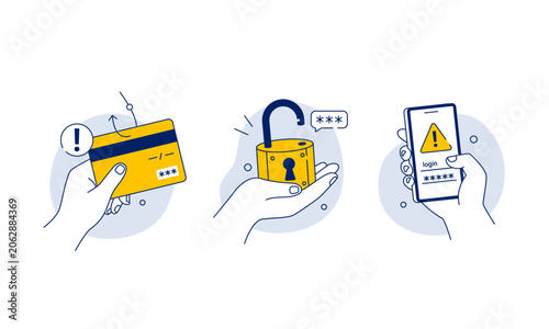 Cybersecurity and fraud prevention. Phishing credit card scam, password protection, and mobile login security. Vector flat illustrations on a white background.