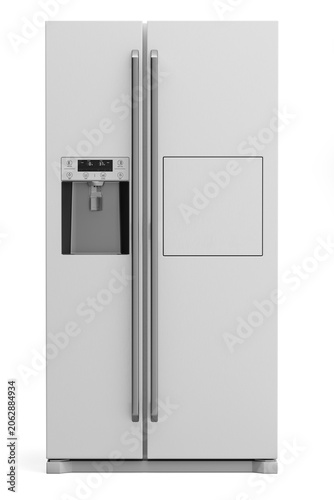 A high-quality 3D render collection of modern side-by-side refrigerators with a sleek brushed metal finish. These professional visualizations feature integrated water and ice dispensers, perfect for k