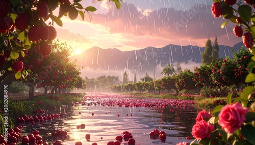 Enchanting Garden River - A Dreamy Landscape of Roses and Apples.