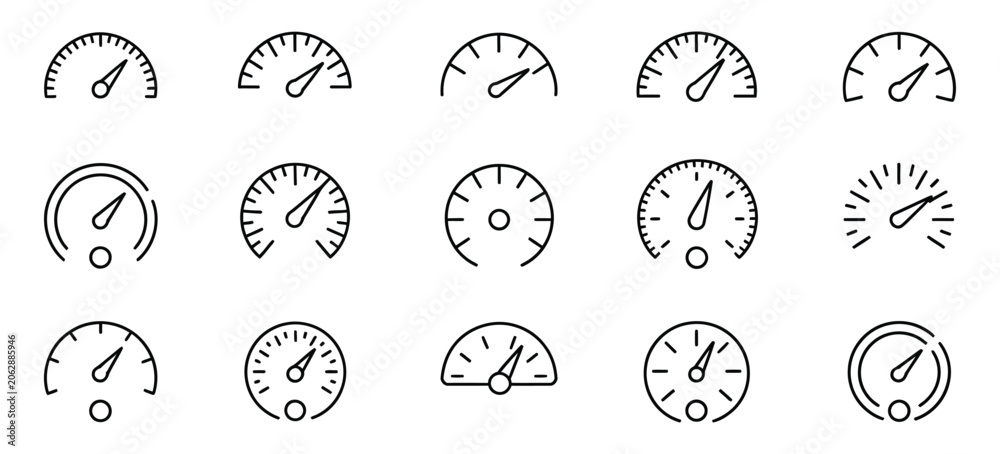 Obraz premium Speedometer icon set, gauge meter and dashboard indicators, speed measurement symbols with arrows, editable outline vector illustration.