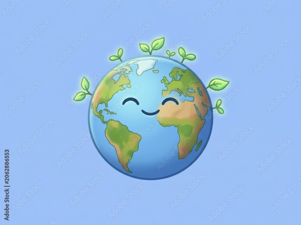 Fototapeta premium Smiling Earth Cartoon With Leaves Symbolizing Global Conservation And Care.