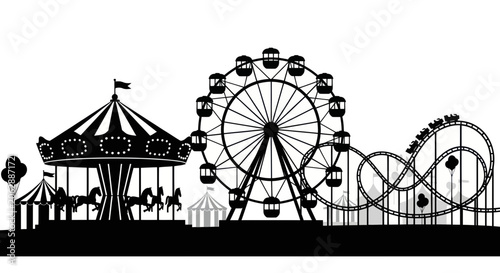 Foto Amusement park silhouette with ferris wheel carousel and roller coaster
