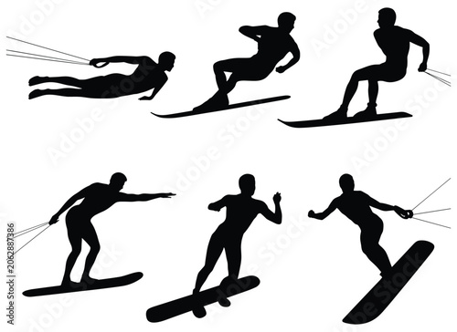 Bild auf Leinwand Kitesurfing Silhouettes On White Background Dynamic Water Sport Shapes