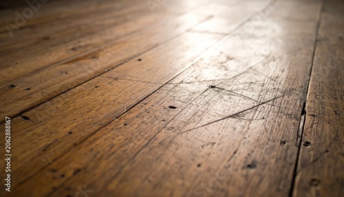 Close-up of a weathered wooden floor with visible scratches and grain.