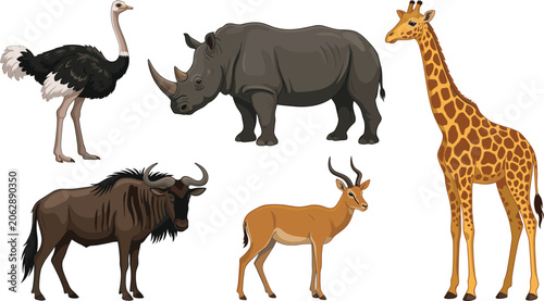 Canvas Print African Safari Wildlife Vector Collection Featuring Giraffe Rhinoceros Ostrich W