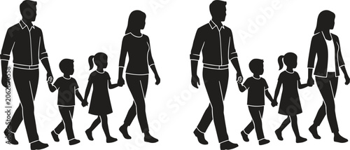 Cuadro en lienzo Silhouette illustration of families walking together, highlighting unity, parent