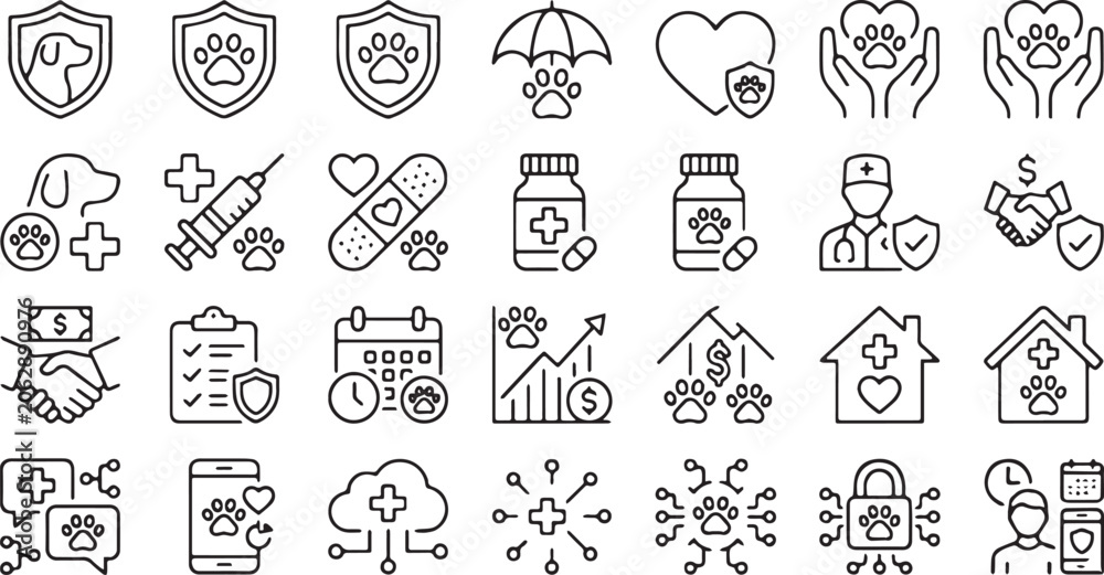 Fototapeta premium Pet Insurance and Veterinary Care, Animal Health Coverage Plan, and Domestic Pet Medical Service Vector Line Icons Set (Includes Dog Healthcare Shield, Vet Consultation, Medical Insurance Policy, and 