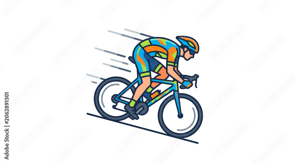 Naklejka premium Cyclist riding a bicycle fast down a hill.